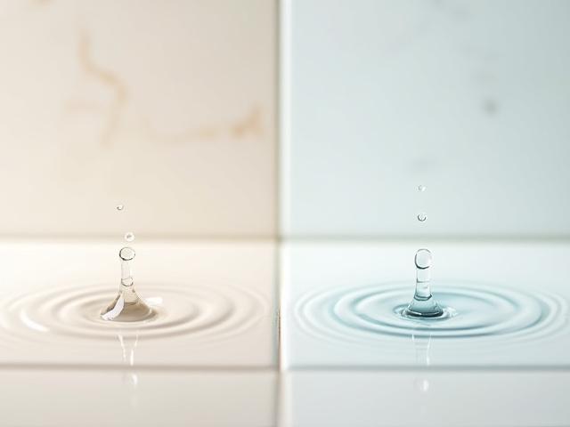 未処理のセラミック製タイルと、撥水性保護コーティングが施され水を弾くセラミックタイルの様子